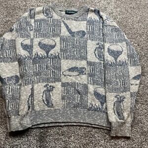 CARMEL‎ Mens Large Golf Print Sweater Long Sleeve Crew Neck Pullover Knitwear